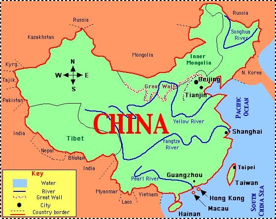 中国地図と河川や山々