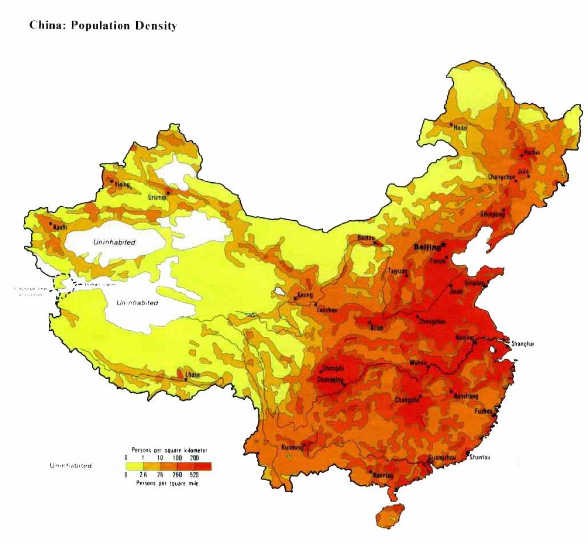 人口密度の地図、中国